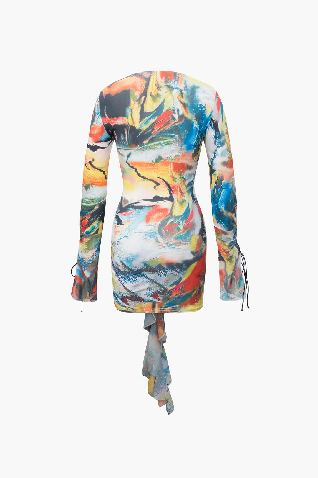 Abstract Print V-neck Tie Front Ruffle Mini Dress