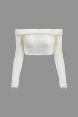 Fluffy Solid Off The Shoulder Crop Top And Mini Skirt Set