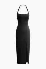 Solid Halter Backless Slit Midi Dress