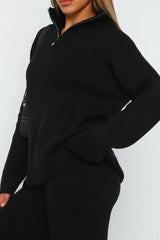 Half Zipper Stand Collar Long Sleeve Top And High Waist Slit Flare Leg Pants Set