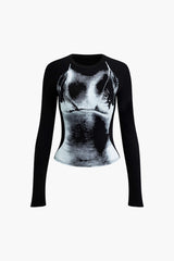 Body Print Round Neck Long Sleeve Top