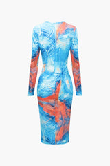 Abstract Print Round Neck Long Sleeve Midi Dress