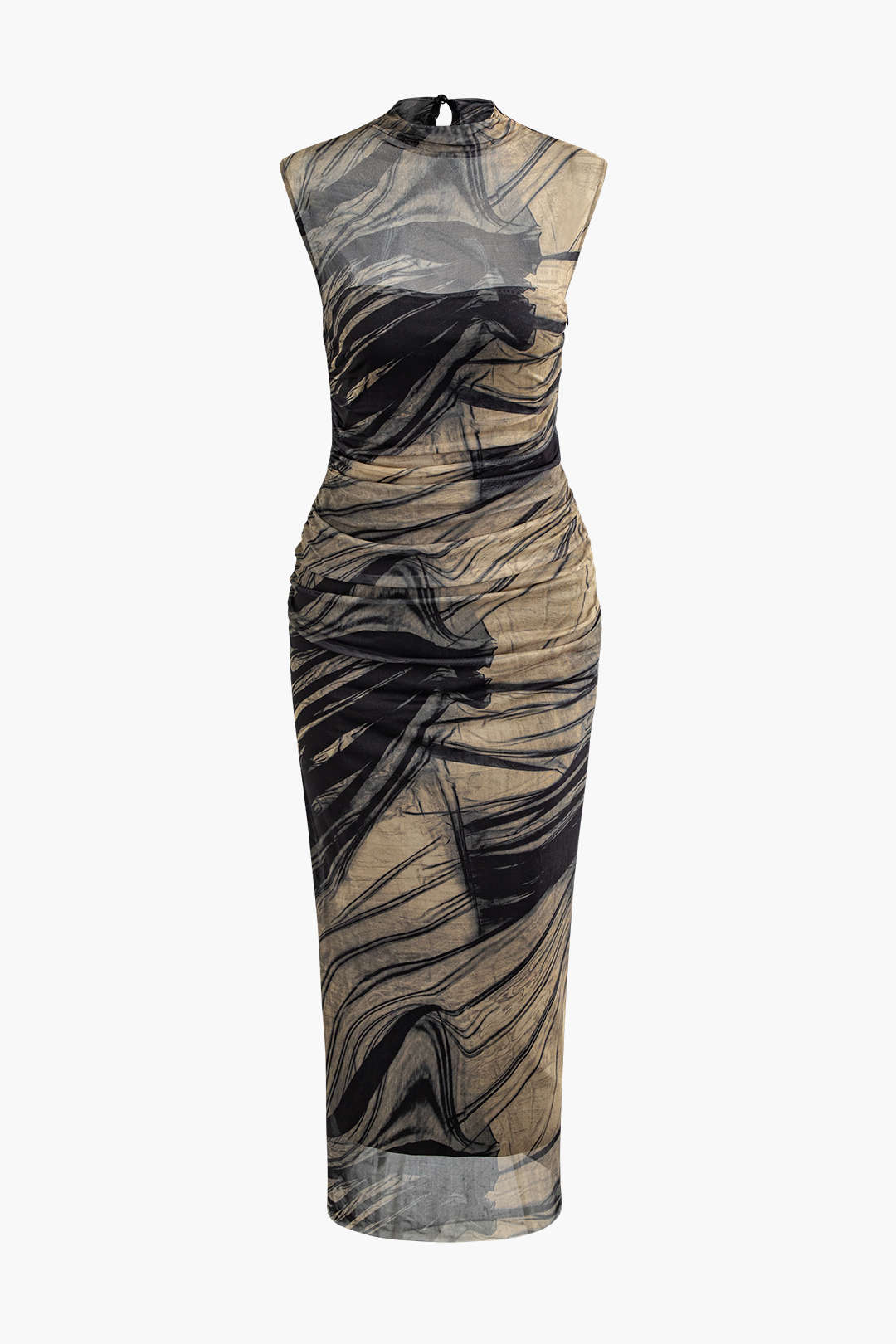 Abstract Print Mock Neck Mesh Ruched Sleeveless Maxi Dress