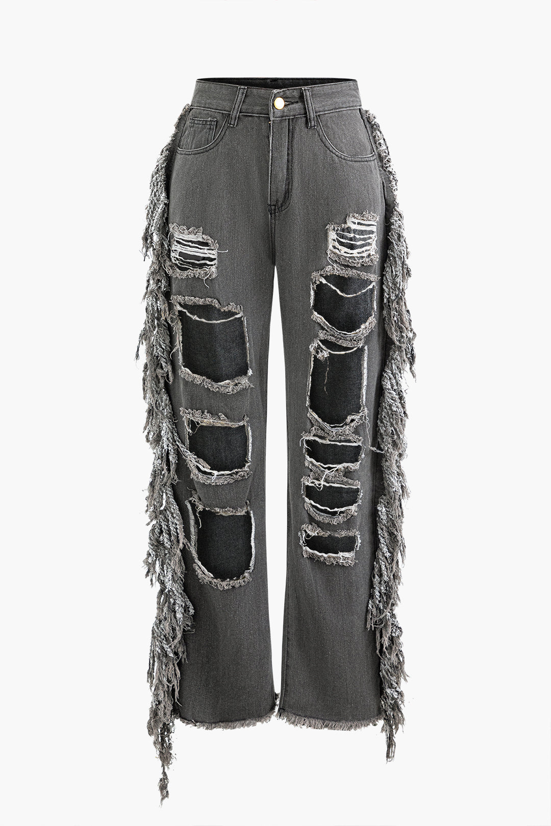 Tassel Ripped Frayed Straight Leg Jeans