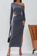 Asymmetrical Cut Out Ruched Long Sleeve Slit Midi Dress