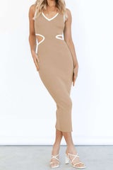 Contrast Binding V-neck Cut Out Sleeveless Knit Midi Dress