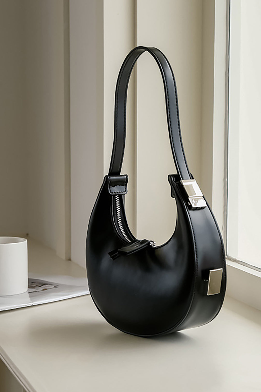 Double Zipper Faux Leather Shoulder Bag