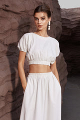 Linen-Blend Cuff Hem Crop Blouse