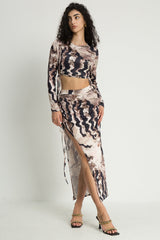 Abstract Print Drawstring Long Sleeve Top And Split Skirt Set