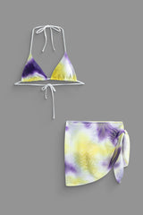 Tie Dye Halter Mesh Bikini And Sarong 3-pcs Set