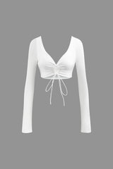 V-neck Drawstring Crop Top And Knot Side Slit Skirt Set