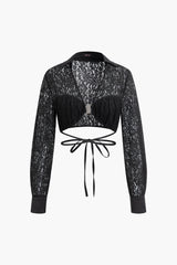 Lace V-neck Tie Buckle Long Sleeve Crop Top