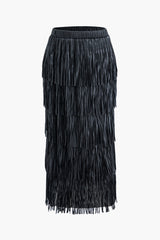 Tiered Fringe Elastic Waist Midi Skirt