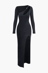 Asymmetrical Cut Out Long Sleeve Slit Knit Maxi Dress