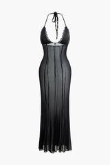 Tie Halter Mesh Backless Maxi Dress