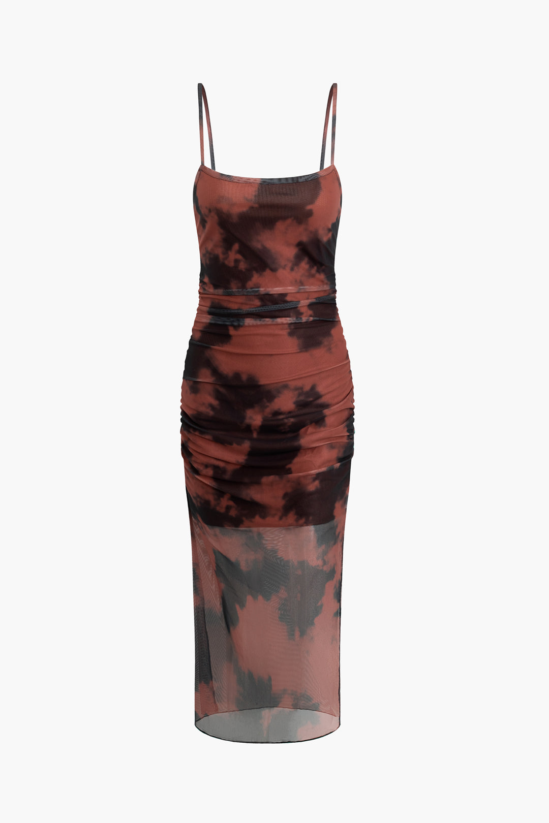 Tie Dye Mesh Ruched Cami Midi Dress