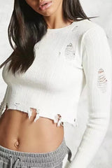 Distressed Ripped Round Neck Long Sleeve Knit Crop Top