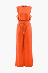 Linen Padded-Shoulder Tie Side Top And Drawstring Pants Set