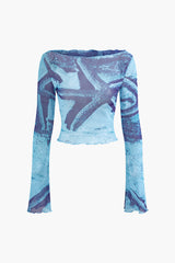 Starfish Print Boat Neck Bell Sleeve Mesh Crop Top