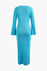 Round Neck Bell Sleeve Seam Detail Knit Maxi Dress