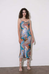 Abstract Print Backless Midi Slip Dress