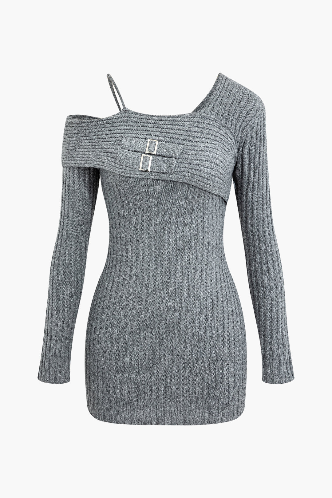 Asymmetrical Belted Detail Rib Knit Mini Dress