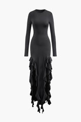 Round Neck Ruffle Hem Long Sleeve Maxi Dress