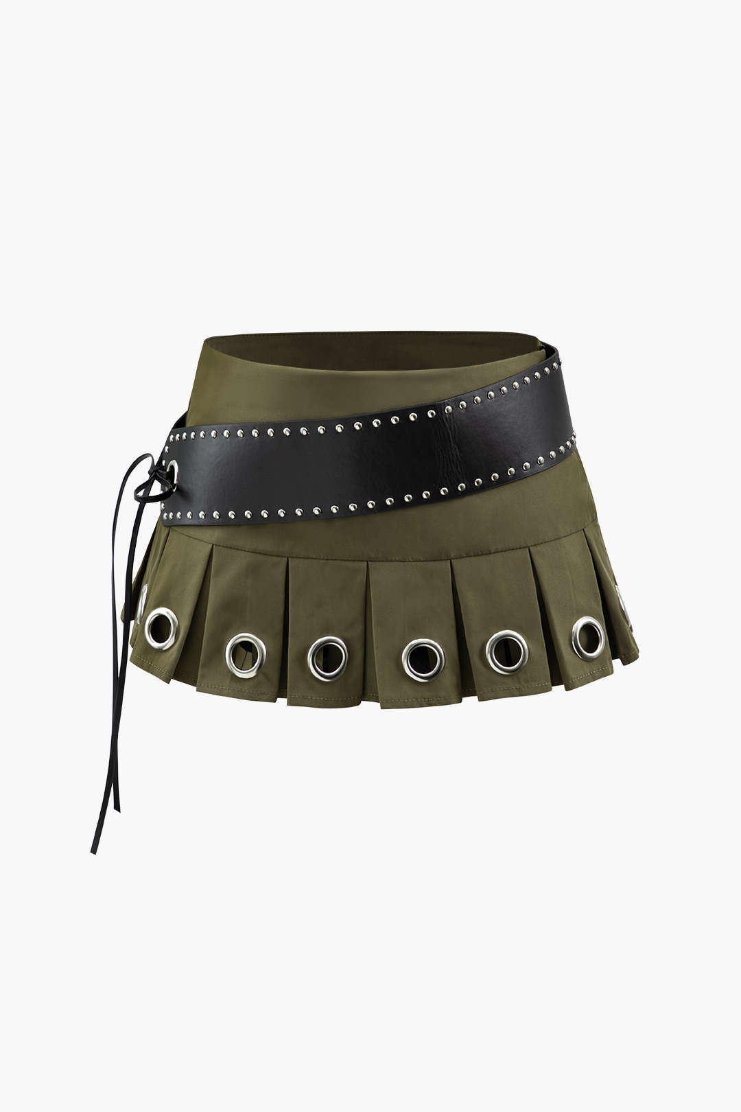 Belted Eyelet Detail Pleated Mini Skirt