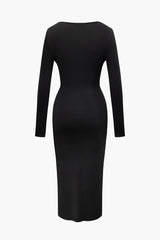 V-neck Twist Cut Out Long Sleeve Midi Dress