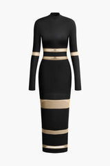Mesh Patchwork Mock Neck Long Sleeve Maxi Dress