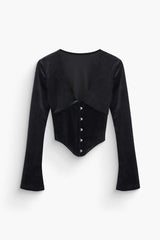 V-neck Velvet Button Up Long Sleeve Top