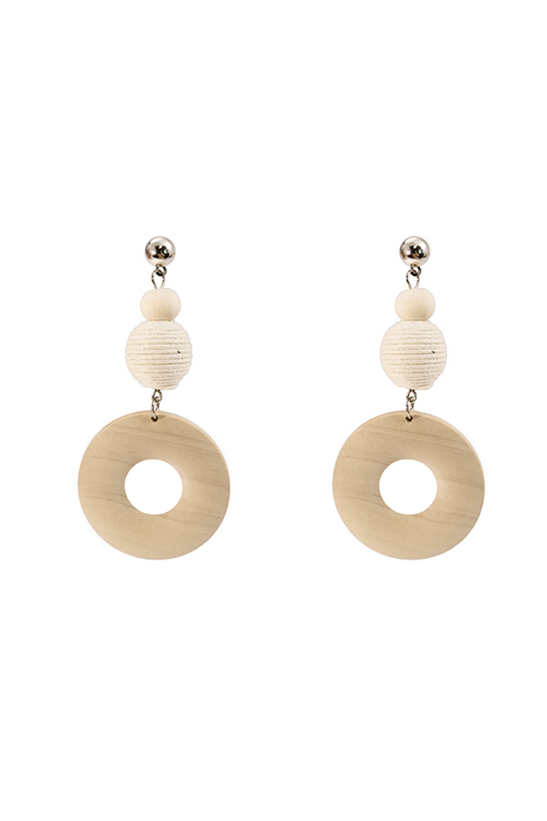 Woven Ball & Cutout Wood Circle Earrings