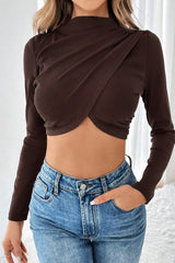 Mock Neck Cross Ruched Crop Top