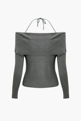 Off Shoulder Wrap Tie Halter Button Up Knit Top