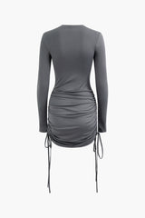 Solid Drawstring Ruched Long Sleeve Mini Dress