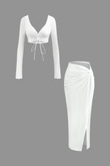 V-neck Drawstring Crop Top And Knot Side Slit Skirt Set