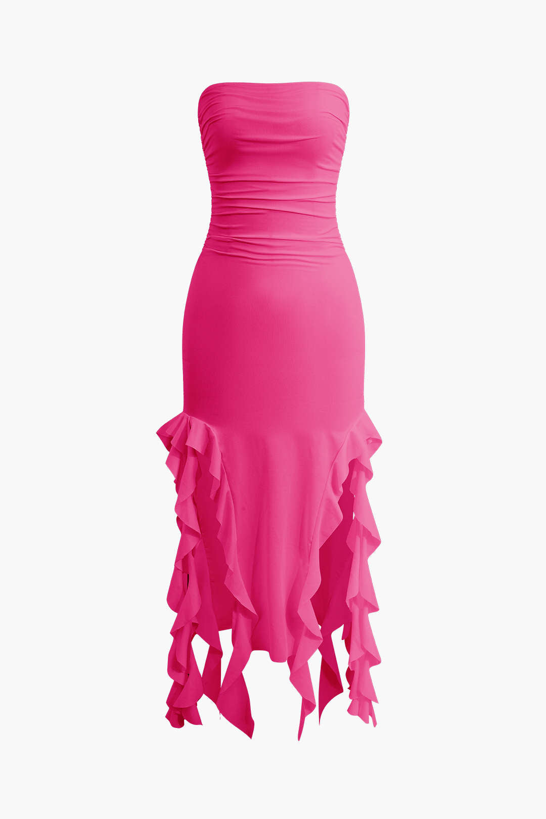 Solid Ruffle Hem Ruched Tube Maxi Dress