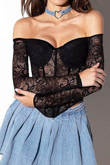 Jacquard Lace Long Sleeve Corset Top