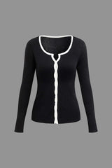 Contrast Trim Square Neck Button Up Long Sleeve Cardigan