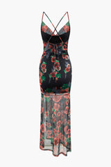 Floral Print Cowl Neck Mesh Cross Tie Back Maxi Dress