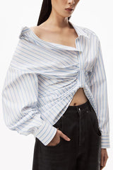 Asymmetrical Stripe Button Up Ruched Shirt