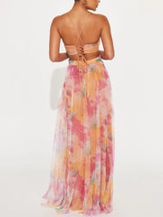 Elegant Painted Floral Print V-Neck A-Line Maxi Dress