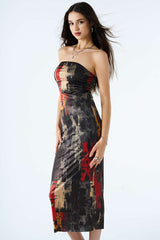 Abstract Print Strapless Maxi Dress