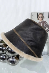 Faux Fur Hem Faux Leather Bucket Hat