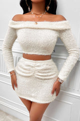 Fluffy Solid Off The Shoulder Crop Top And Mini Skirt Set