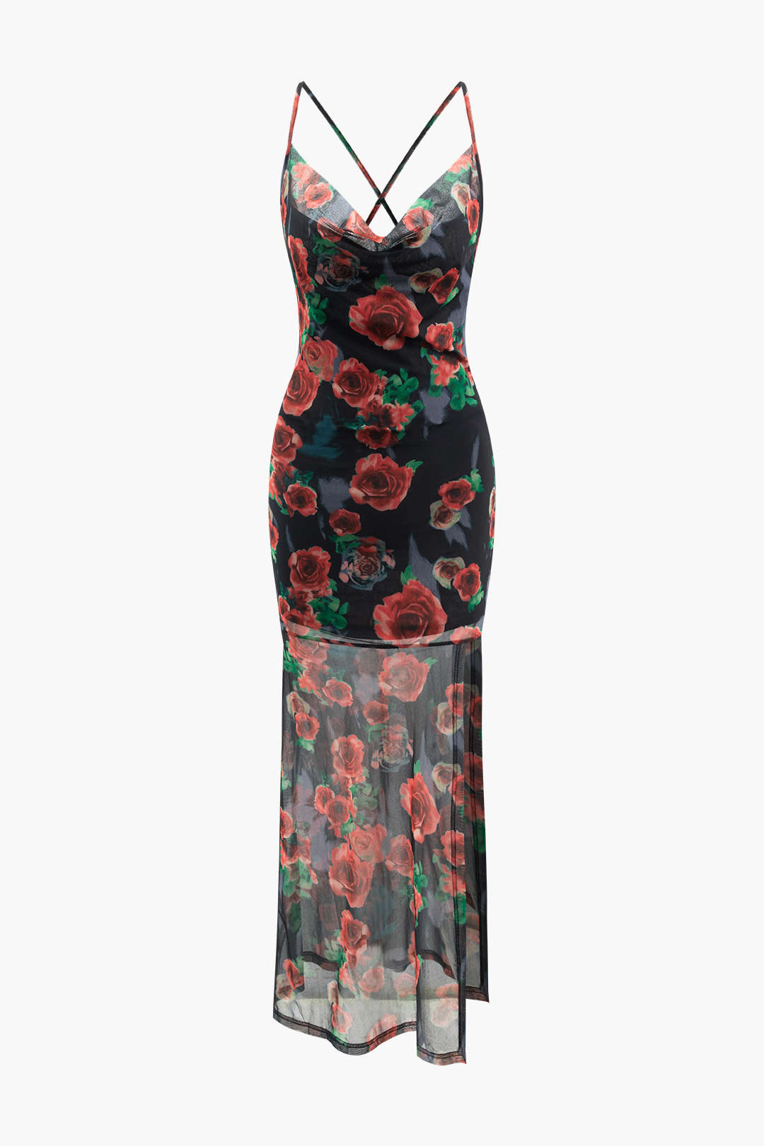 Floral Print Cowl Neck Mesh Cross Tie Back Maxi Dress