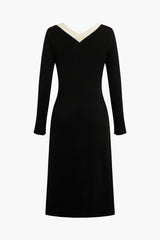 Contrast Trim Slit V-neck Long Sleeve Knit Dress