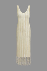 Distressed Ladder Fringe Hem V-neck Sleeveless Knit Maxi Dress