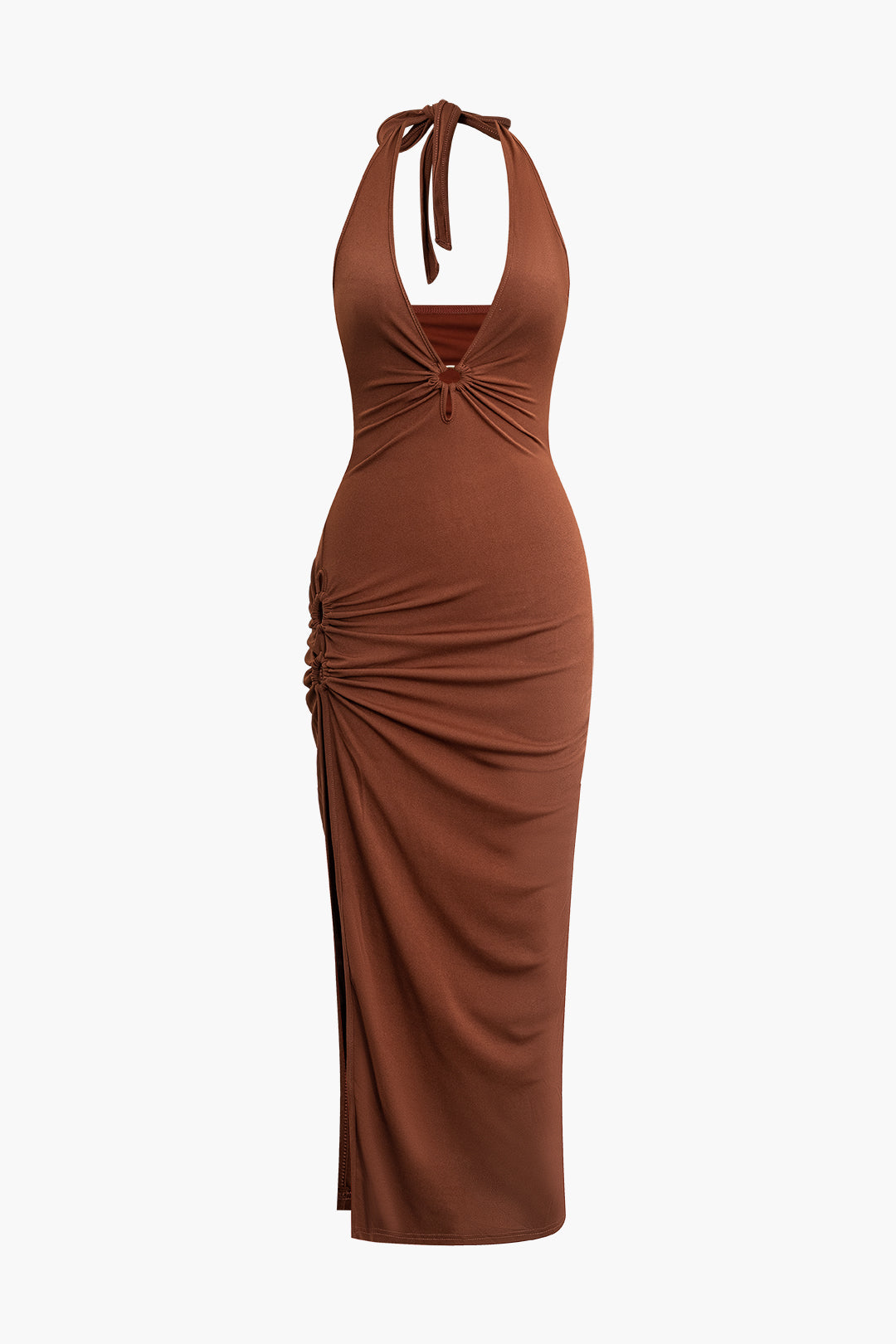 Ring Tie Halter Ruched Slit Deep V-neck Maxi Dress