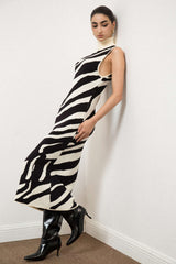 Stripe Knit Turtle Neck Slit Sleeveless Midi Dress